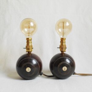 A pair of vintage bowling ball lamps by Fiona Bradshaw Designs