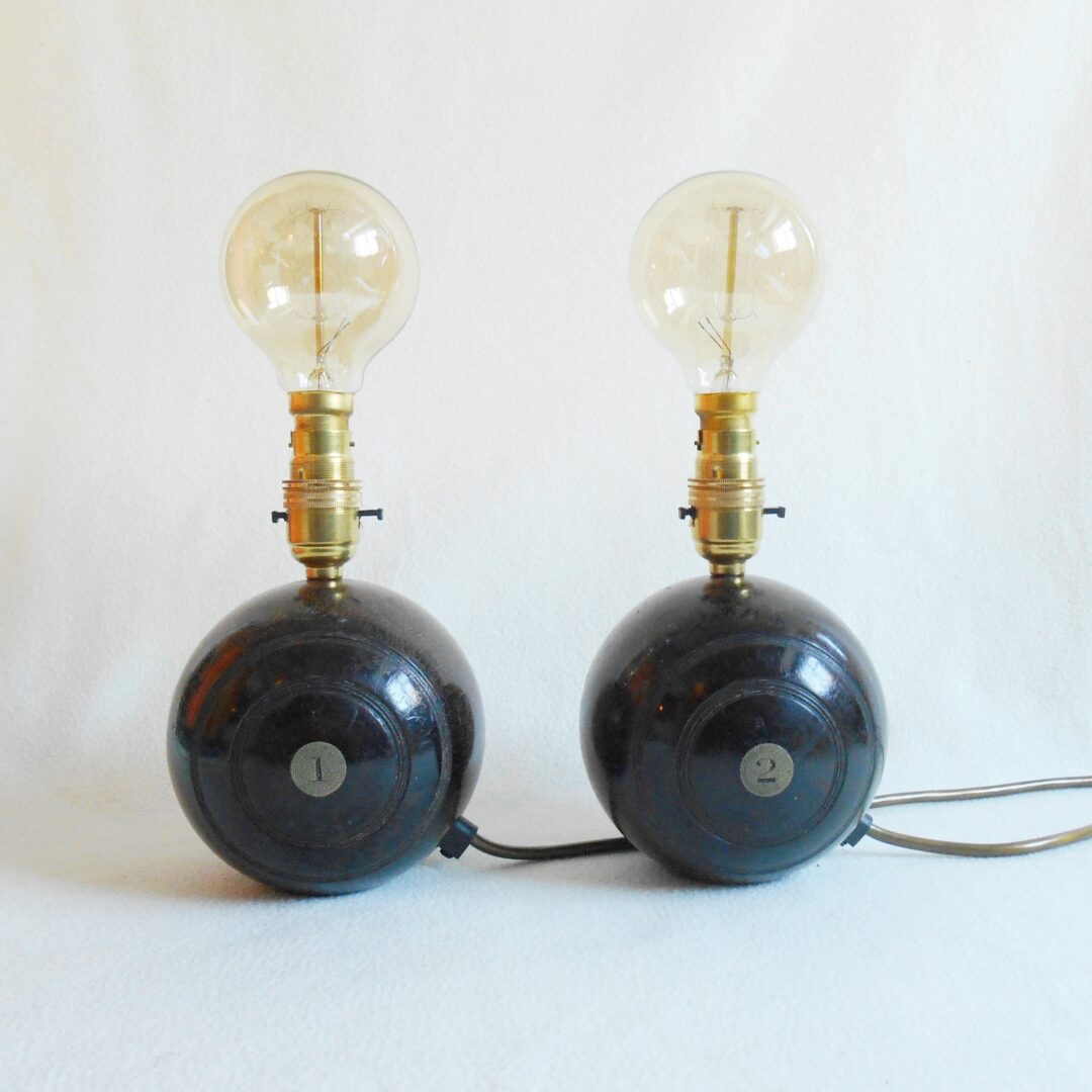 A pair of vintage wooden bowling balls by Fiona Bradshaw Designs
