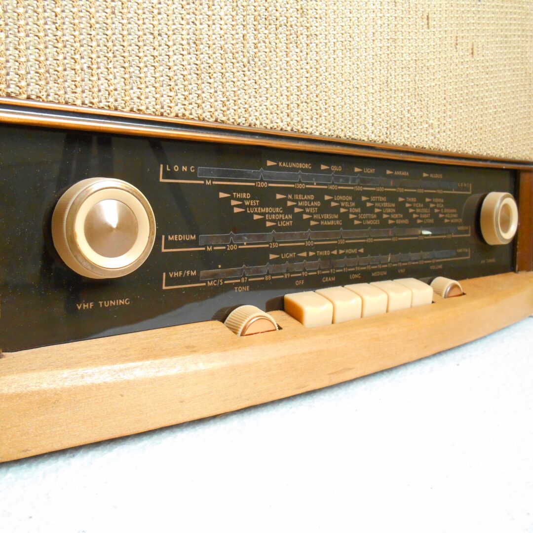 Repurposed HMV radio lamp with a vintage ochre shade by Fiona Bradshaw Designs