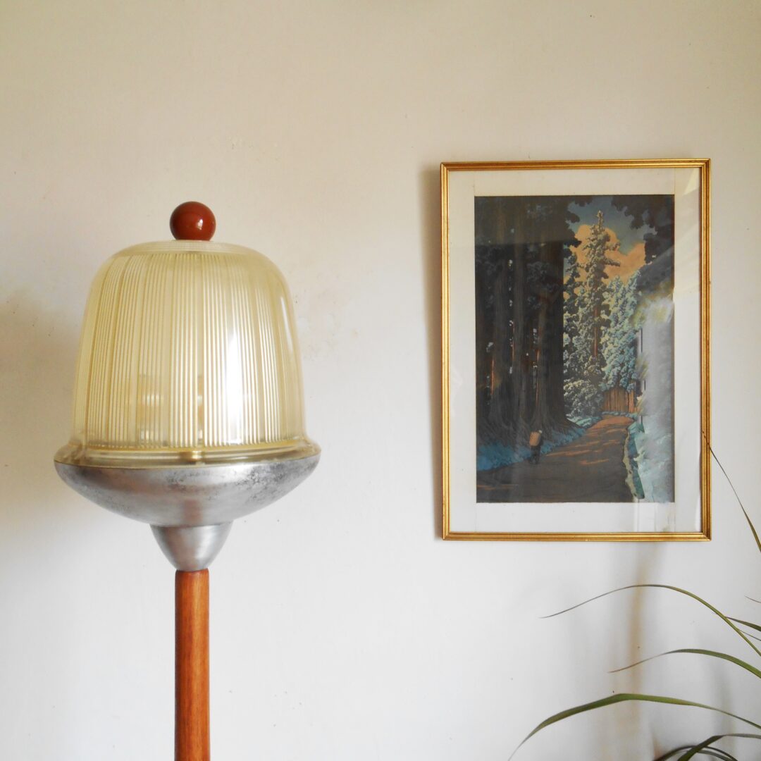 Mid century teak floor lamp with a vintage holophane street lamp shade by Fiona Bradshaw Designs