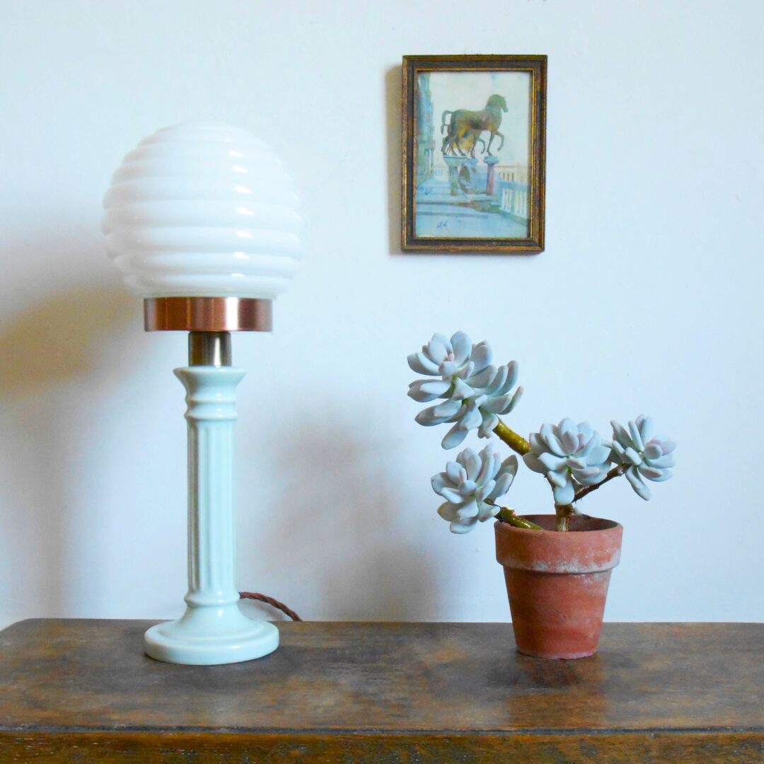 Porcelain lamp with a beehive globe shade by Fiona Bradshaw Designs