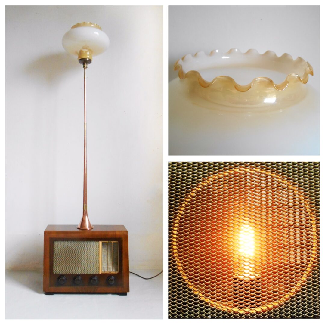 Upcycled floor lamp using a vintage radio, a copper hunting horn & an Art Deco shade by Fiona Bradshaw Designs