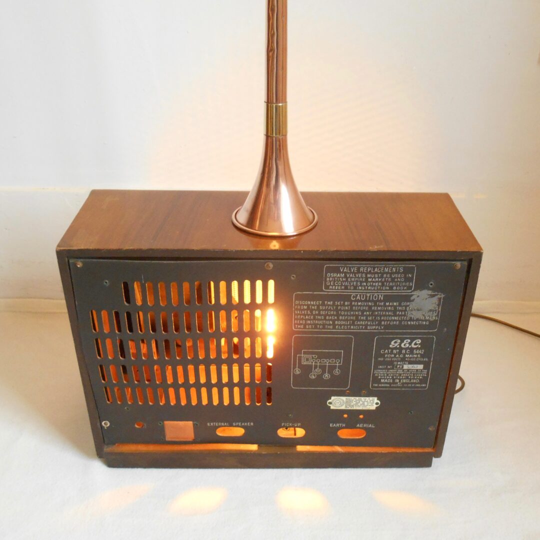 Upcycled floor lamp using a vintage radio, a copper hunting horn & an Art Deco shade by Fiona Bradshaw Designs