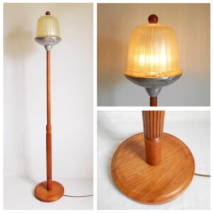 Mid century teak floor lamp with a vintage holophane street lamp shade by Fiona Bradshaw Designs