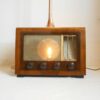 Upcycled floor lamp using a vintage radio, a copper hunting horn & an Art Deco shade by Fiona Bradshaw Designs