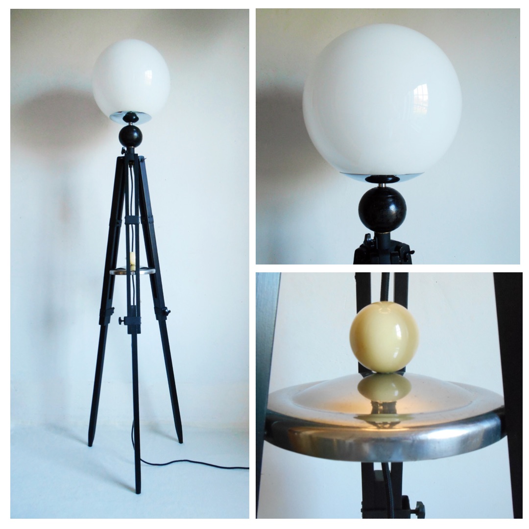 Tripod floor lamp with unique monochrome features and a glass globe shade by Fiona Bradshaw Designs