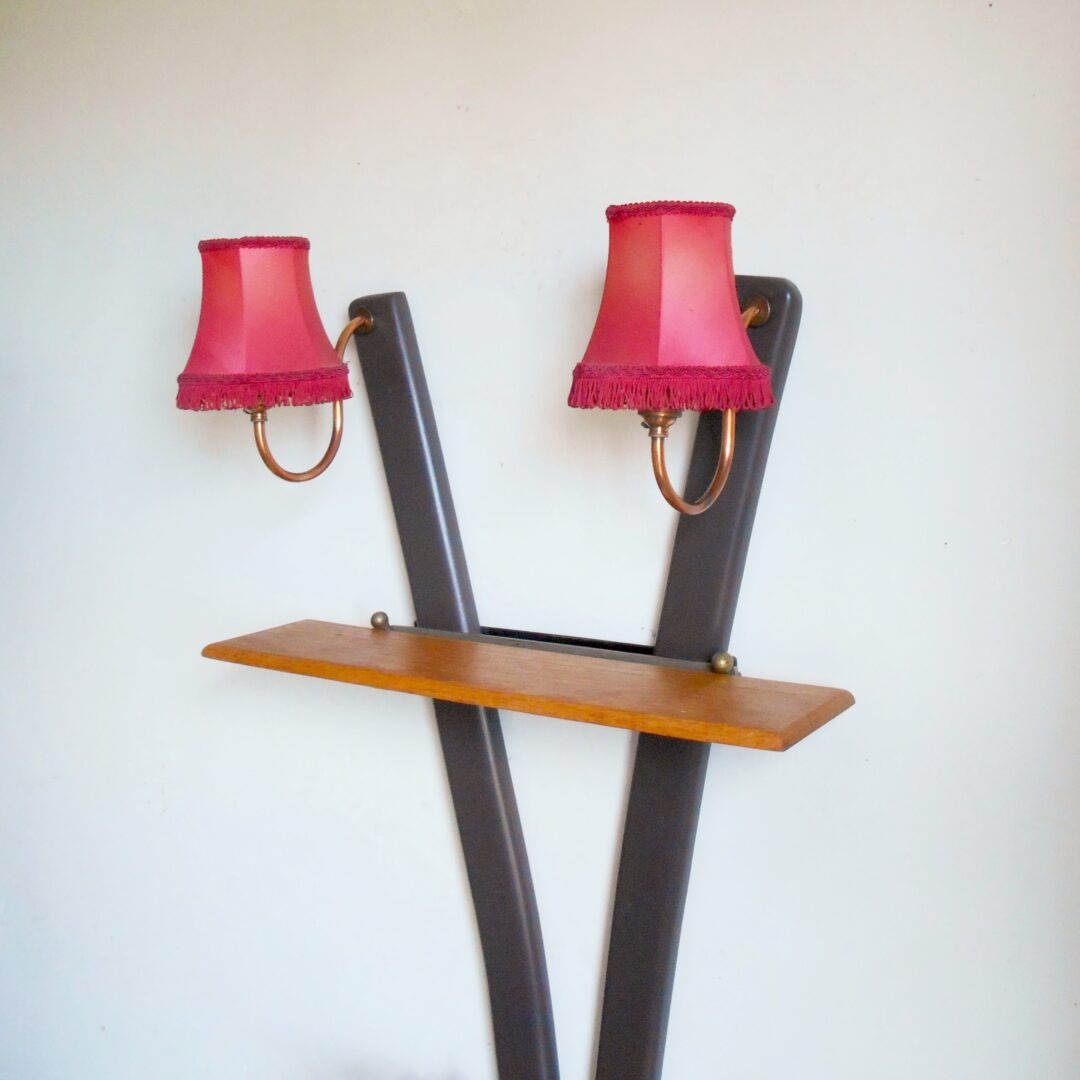 Vintage shelving unit with two copper stemmed light fittings by Fiona Bradshaw Designs