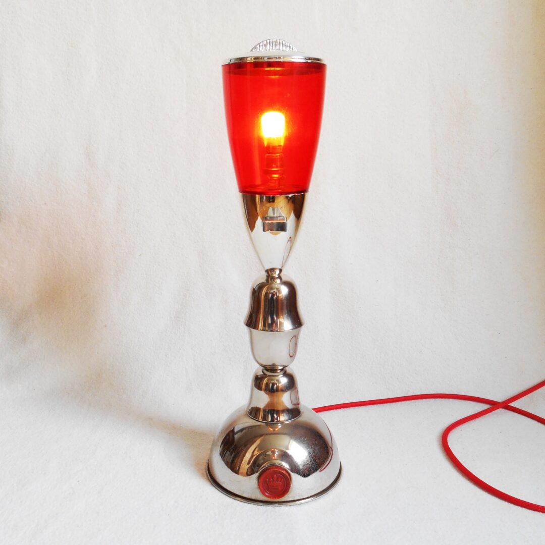 Retro red and silver tea caddy table lamp by Fiona Bradshaw Designs