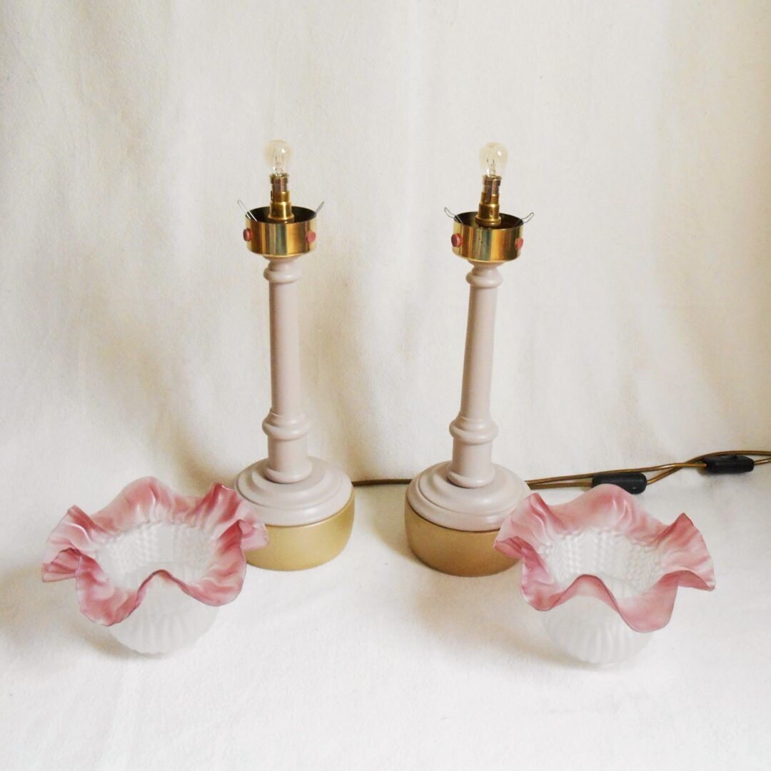 A pair of Art Deco style pink frilly table lamps by Fiona Bradshaw Designs
