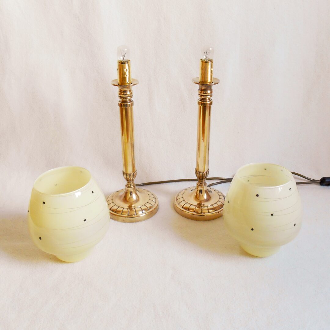Brass table lamps with pastel yellow shades by Fiona Bradshaw Designs
