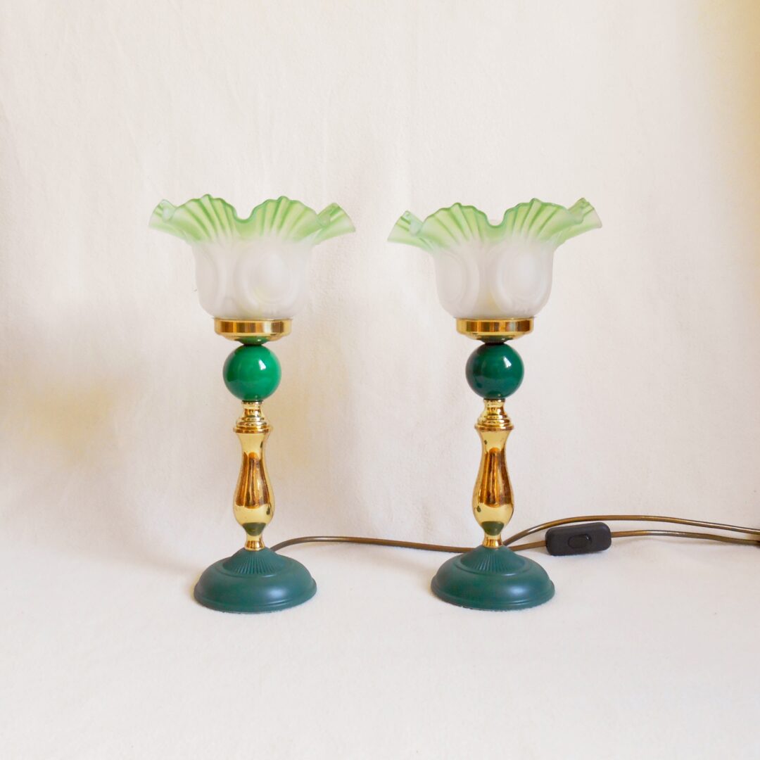 A pair of Art Deco style lamps with frilly green glass shades by Fiona Bradshaw Designs