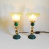 A pair of Art Deco style lamps with frilly green glass shades by Fiona Bradshaw Designs