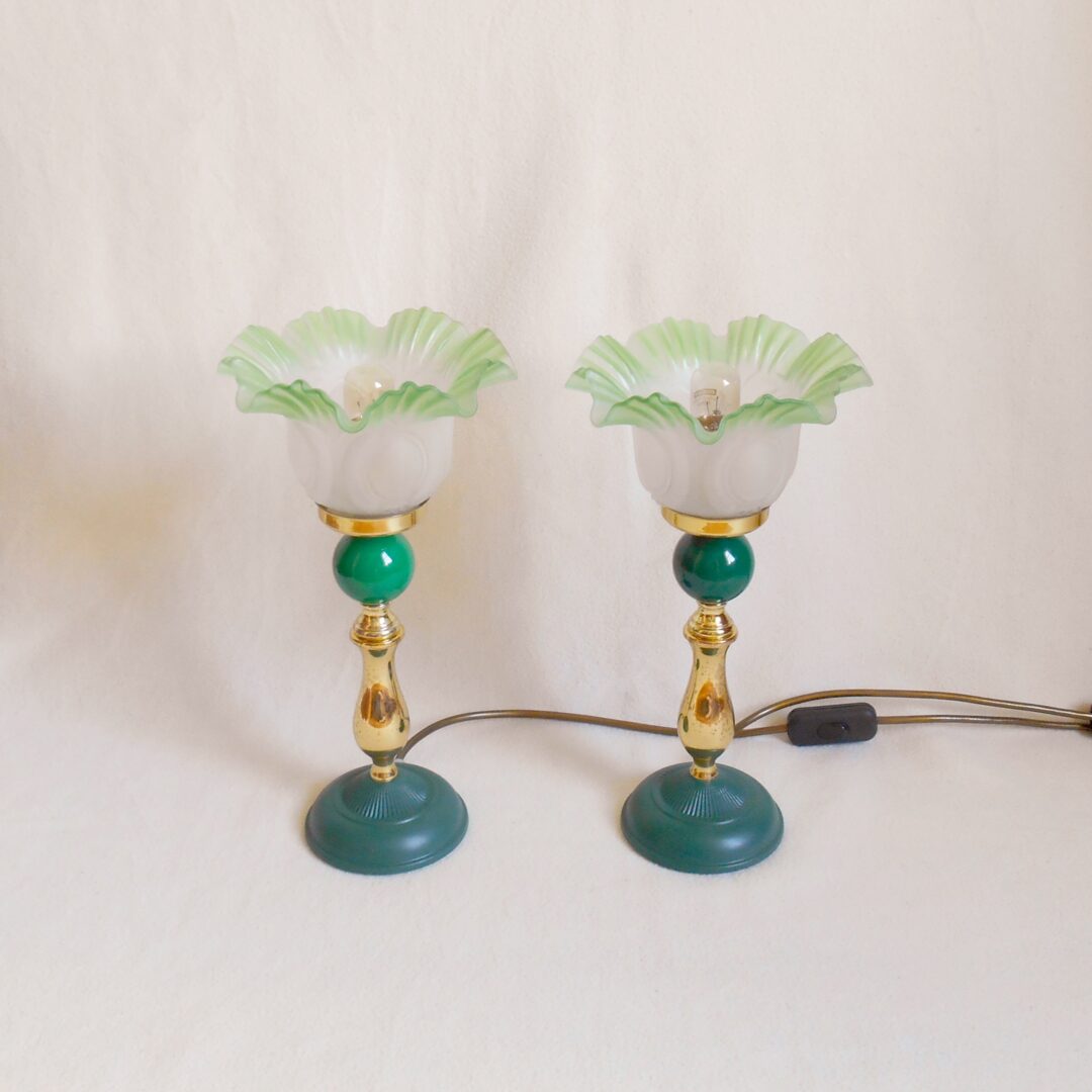 A pair of Art Deco style lamps with frilly green glass shades by Fiona Bradshaw Designs