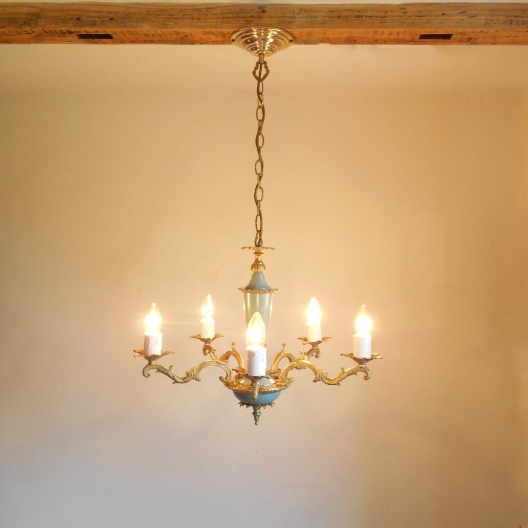 French antique chandelier with a striking blue stem by Fiona Bradshaw Designs