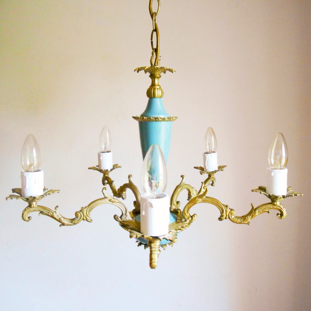 French antique chandelier with a striking blue stem by Fiona Bradshaw Designs