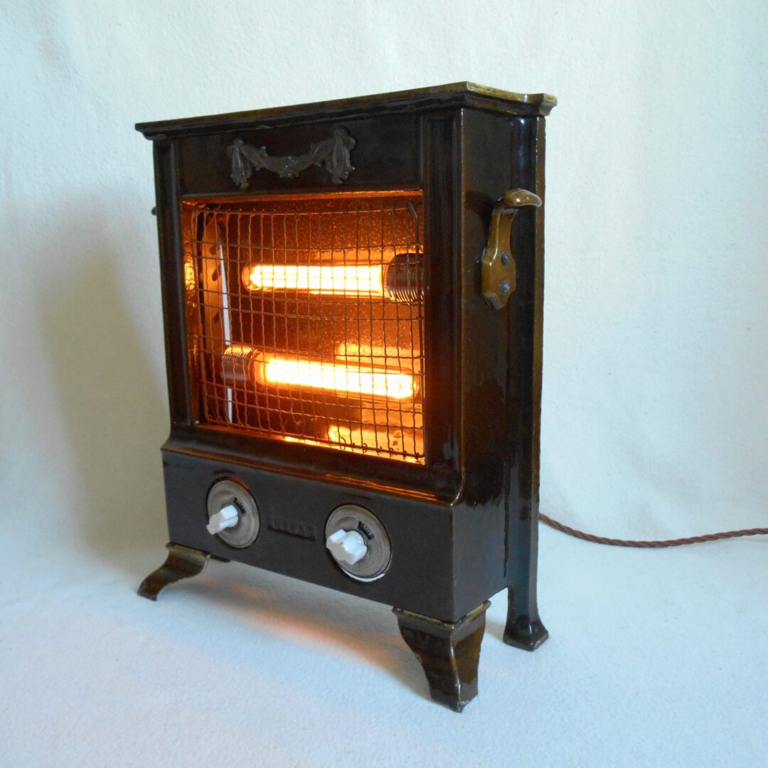 Repurposed lamp using an antique cast iron electric heater by Fiona Bradshaw Designs