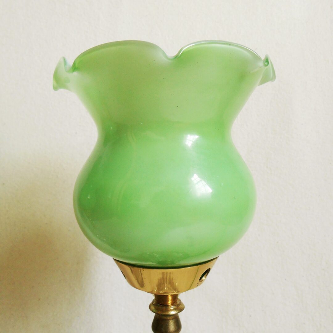 A pair of cut glass mid century lamps with lime green shades by Fiona Bradshaw Designs