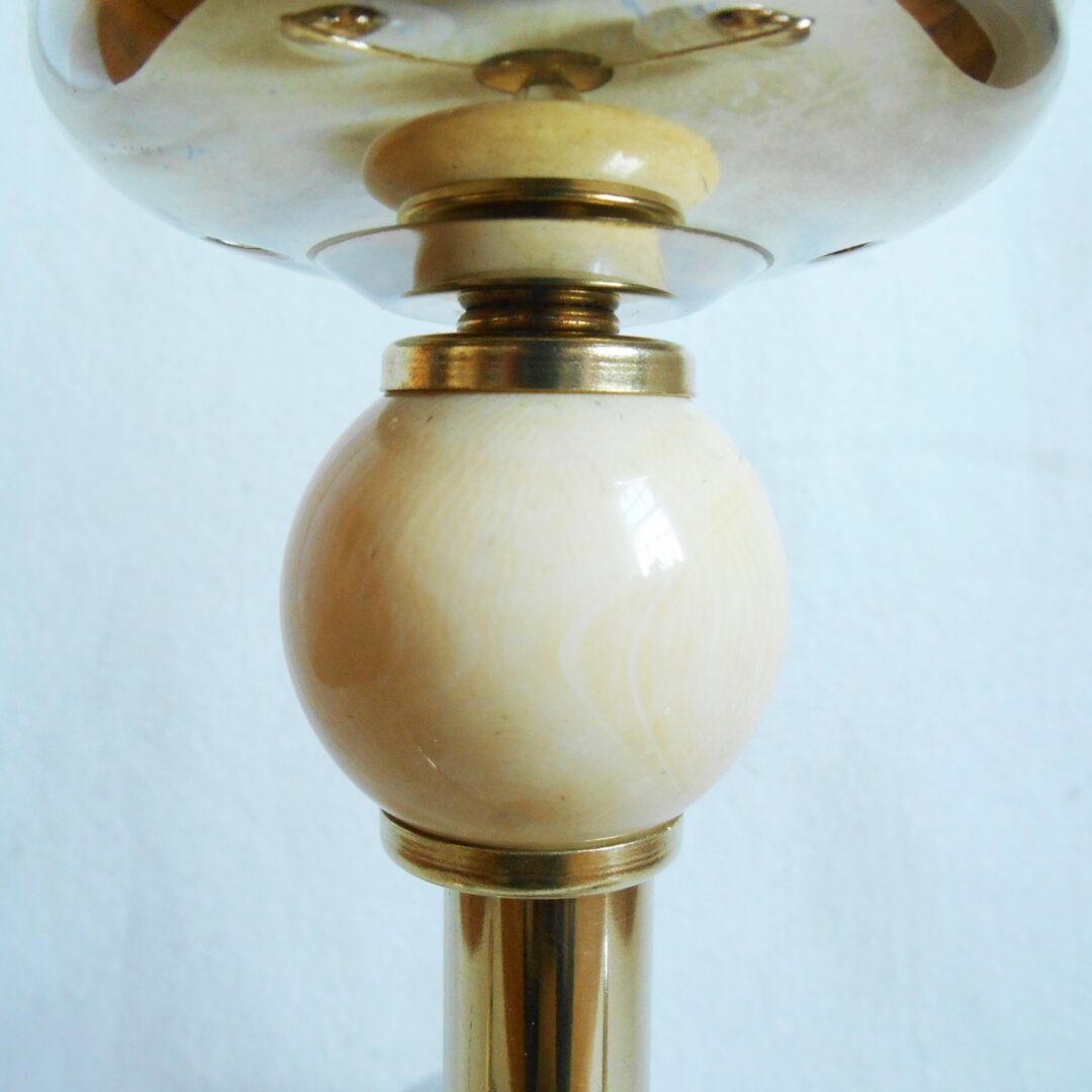Art Deco style brass chandelier with three glass globe shades by Fiona Bradshaw Designs