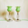 A pair of cut glass mid century lamps with lime green shades by Fiona Bradshaw Designs