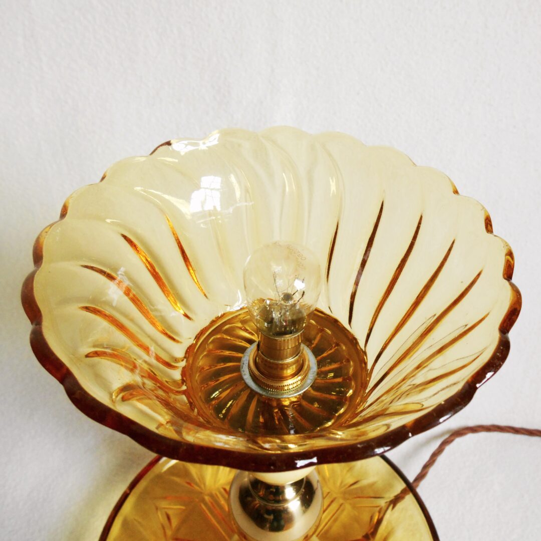 Amber cut glass table lamp with unique decorative brass features by Fiona Bradshaw Designs