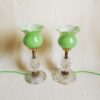 A pair of cut glass mid century lamps with lime green shades by Fiona Bradshaw Designs