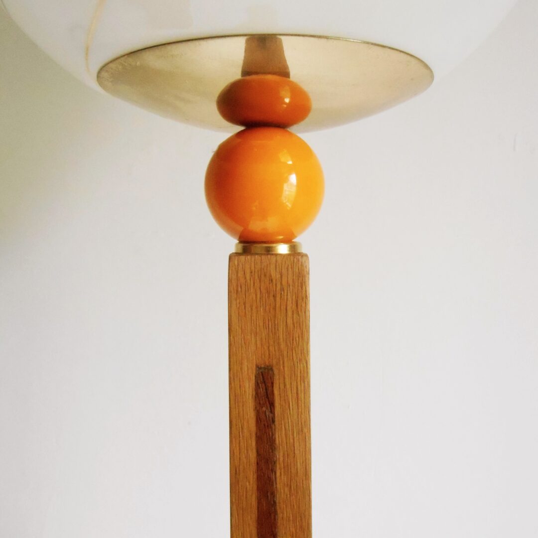 A vintage octagonal oak floor lamp with a glass domed shade by Fiona Bradshaw Designs