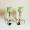 A pair of cut glass mid century lamps with lime green shades by Fiona Bradshaw Designs