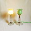 A pair of cut glass mid century lamps with lime green shades by Fiona Bradshaw Designs