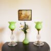 A pair of cut glass mid century lamps with lime green shades by Fiona Bradshaw Designs
