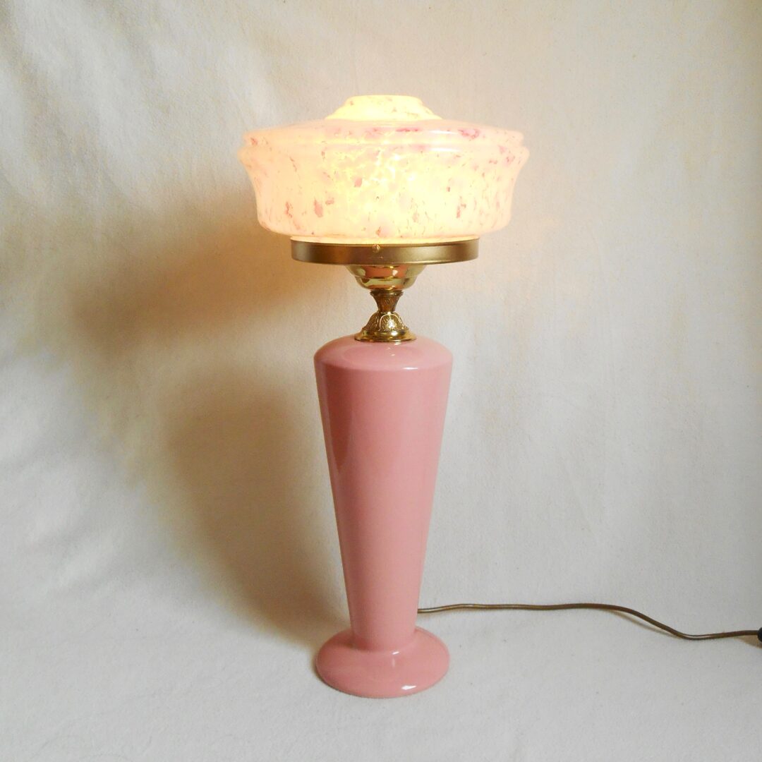 A large pink Art Deco table lamp by Fiona Bradshaw Designs