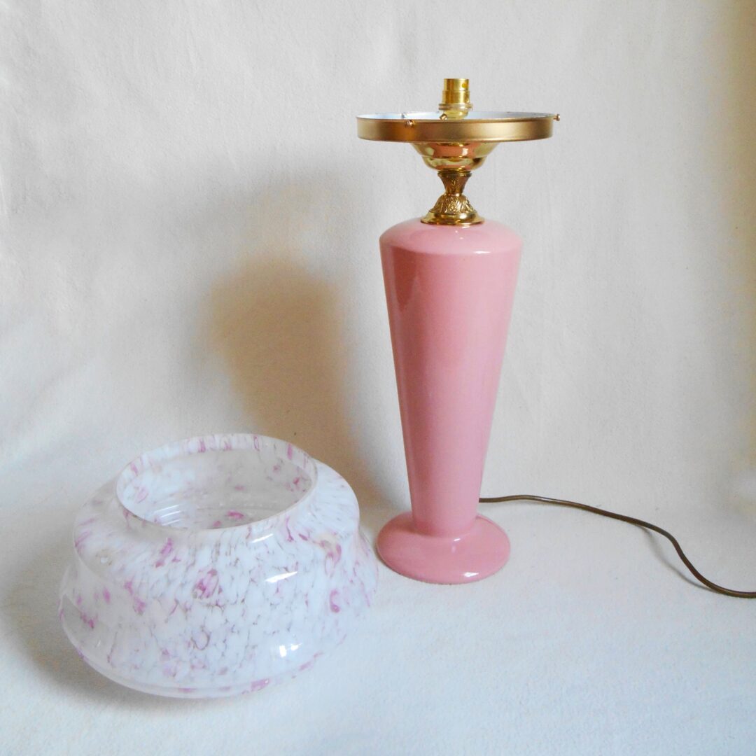 A large pink Art Deco table lamp by Fiona Bradshaw Designs