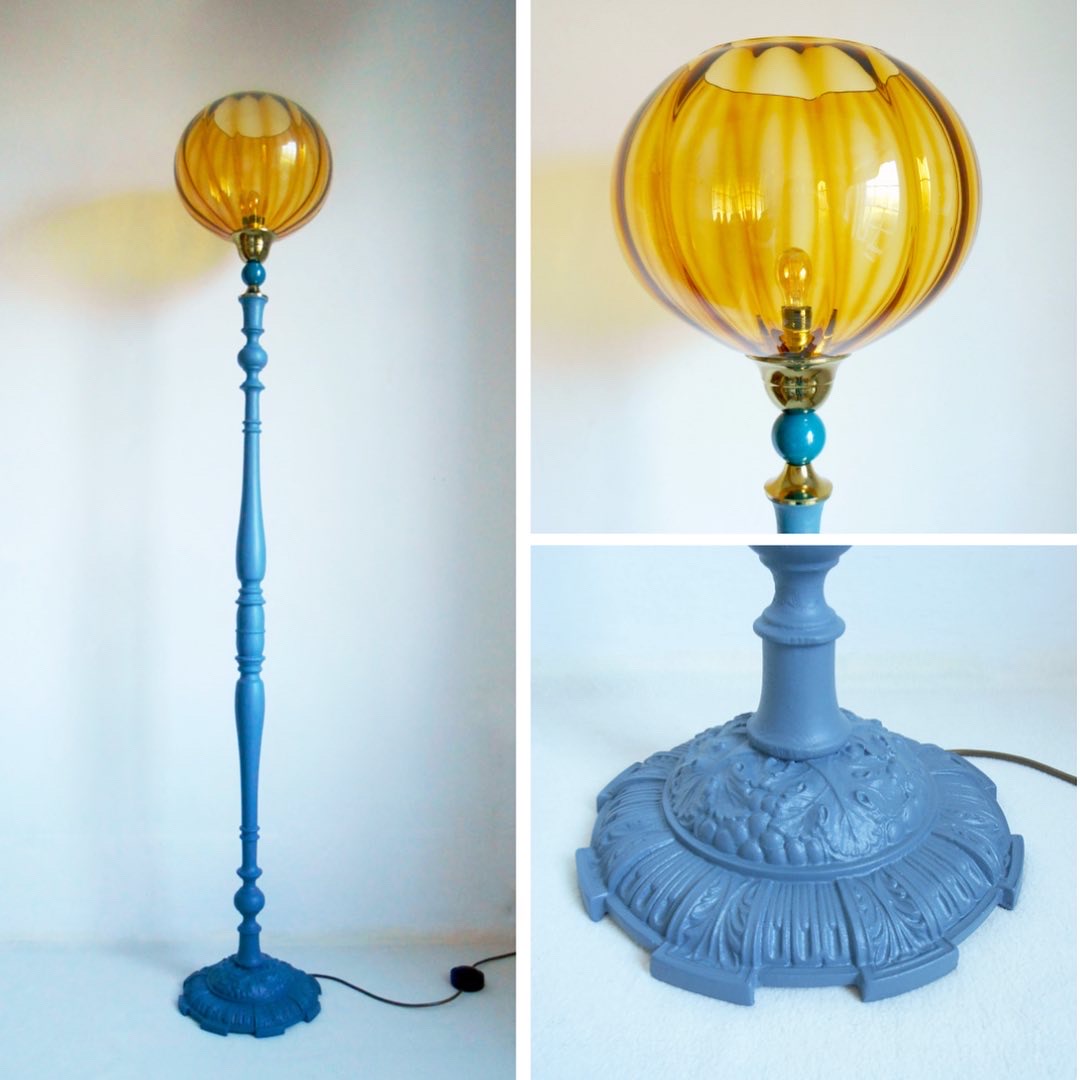 An elegant floor lamp with a stunning amber vintage shade by Fiona Bradshaw Designs