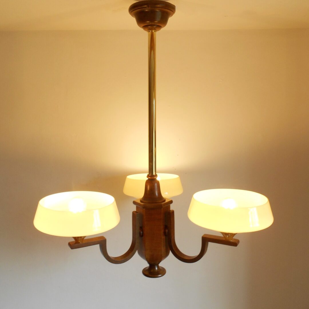 A rare Art Deco wooden chandelier with opaline shades by Fiona Bradshaw Designs