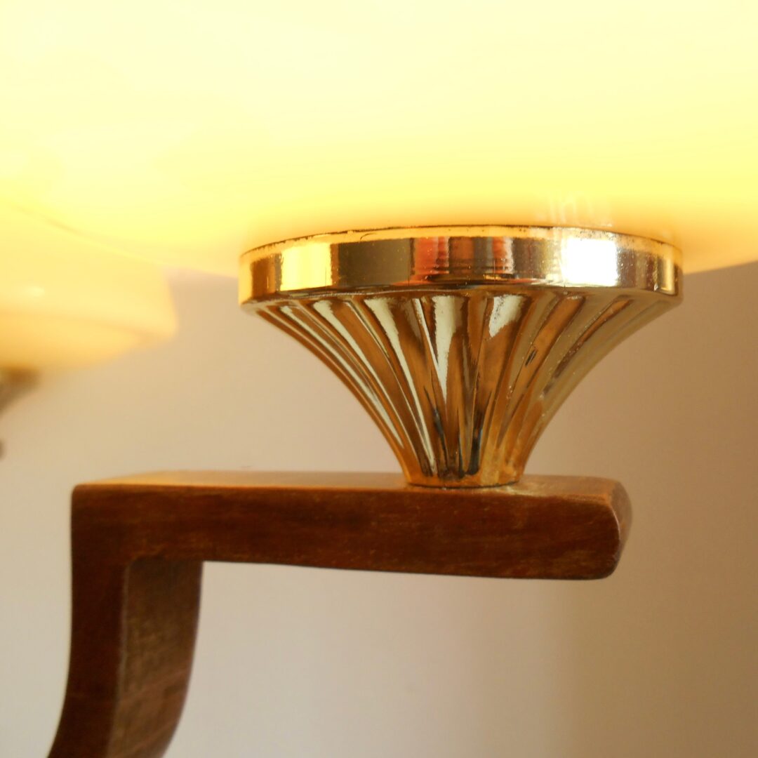 A rare Art Deco wooden chandelier with opaline shades by Fiona Bradshaw Designs