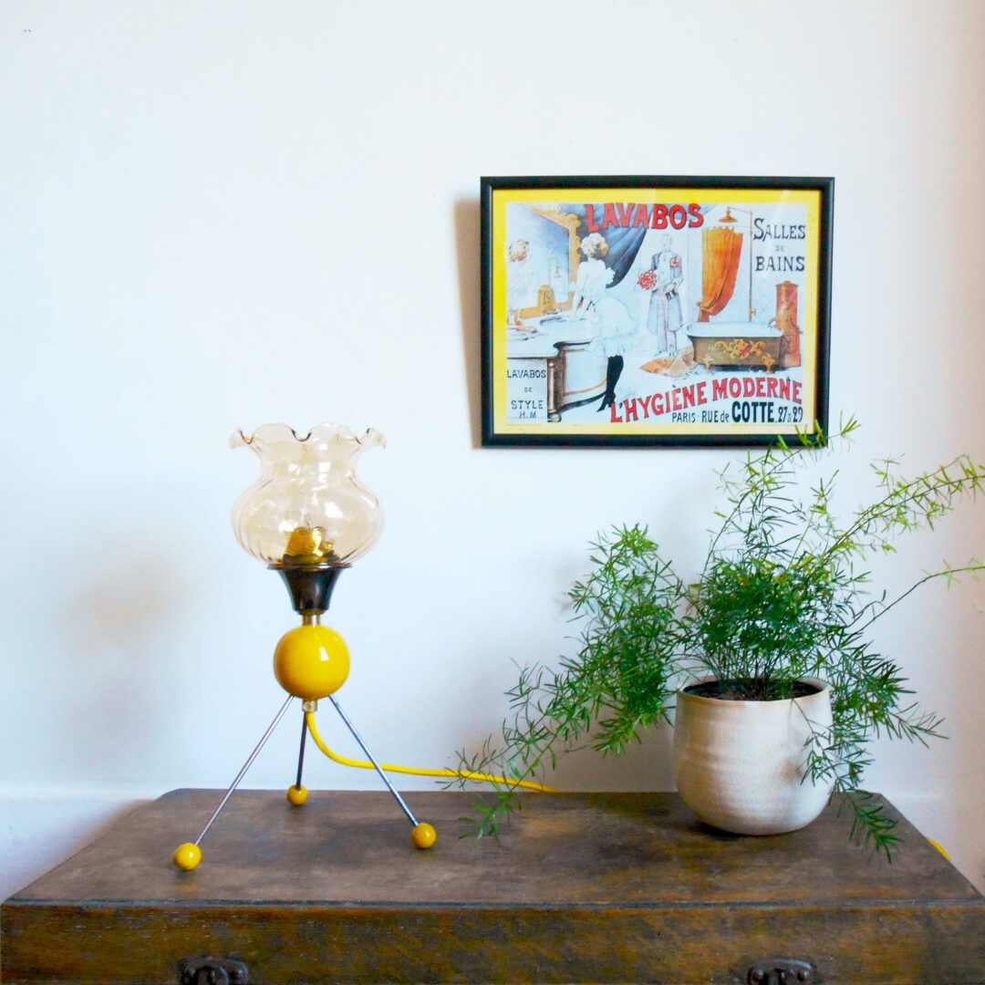 A groovy retro yellow tripod table lamp by Fiona Bradshaw Designs