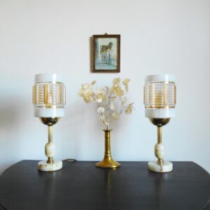 A couple of unique golden mid century table lamps by Fiona Bradshaw Designs