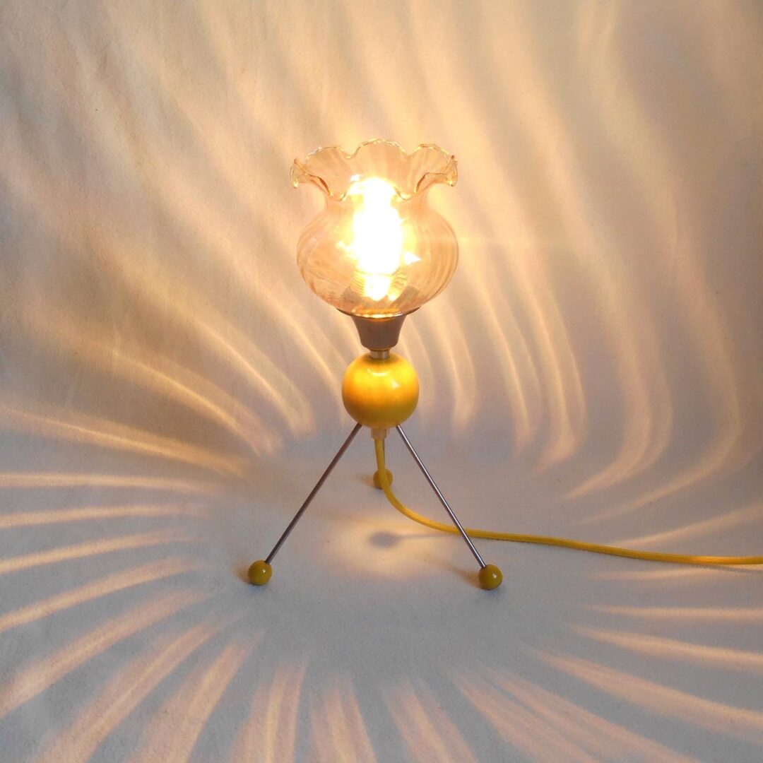 A groovy retro yellow tripod table lamp by Fiona Bradshaw Designs
