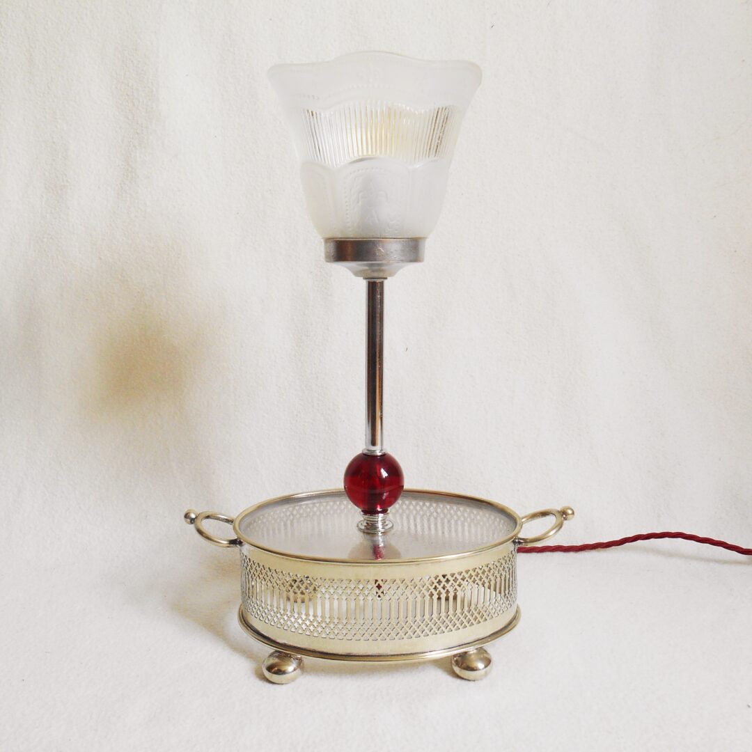 An antique silver plated dish tray repurposed into a table lamp by Fiona Bradshaw Designs