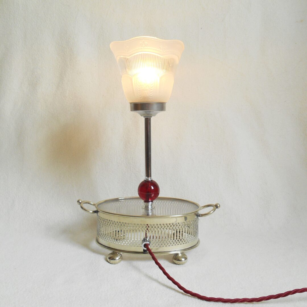 An antique silver plated dish tray repurposed into a table lamp by Fiona Bradshaw Designs