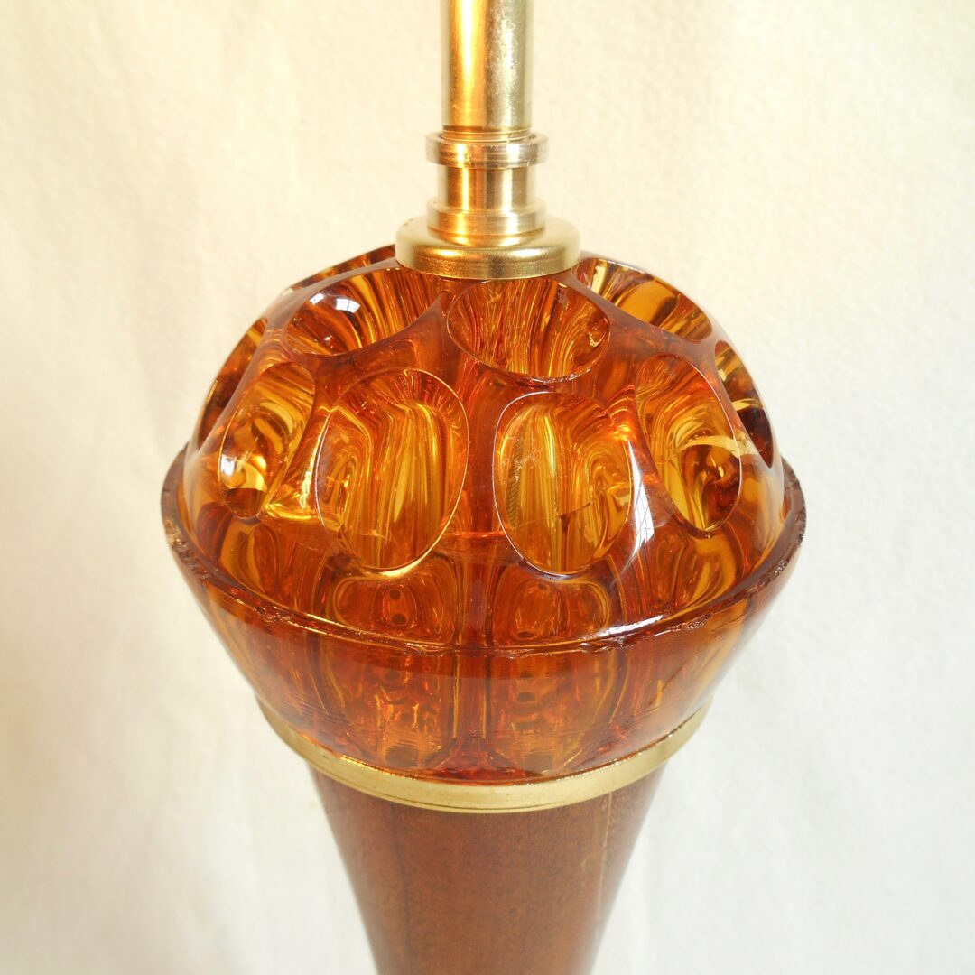 A vintage teak and amber tall table lamp by Fiona Bradshaw Designs