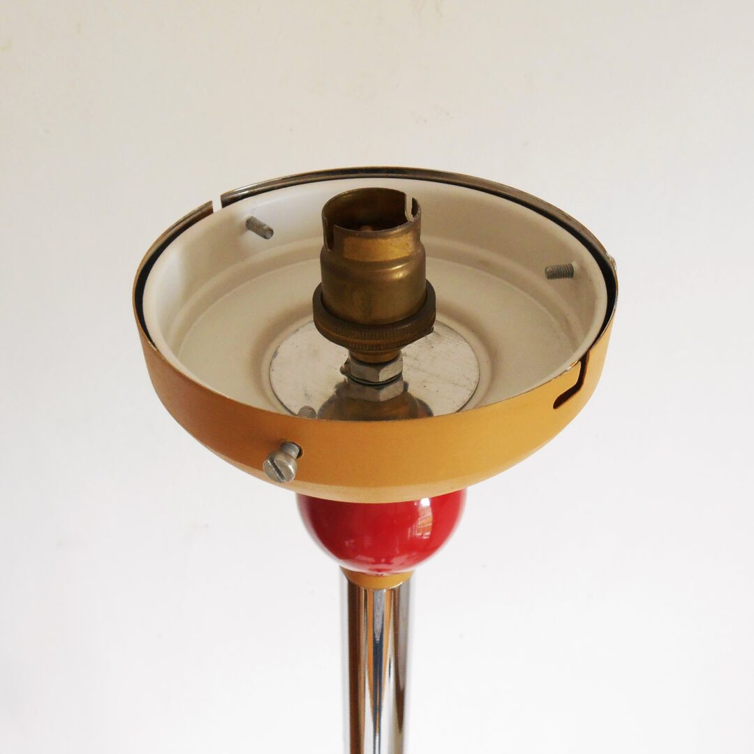 A floor lamp with mustard and red retro character by Fiona Bradshaw Designs