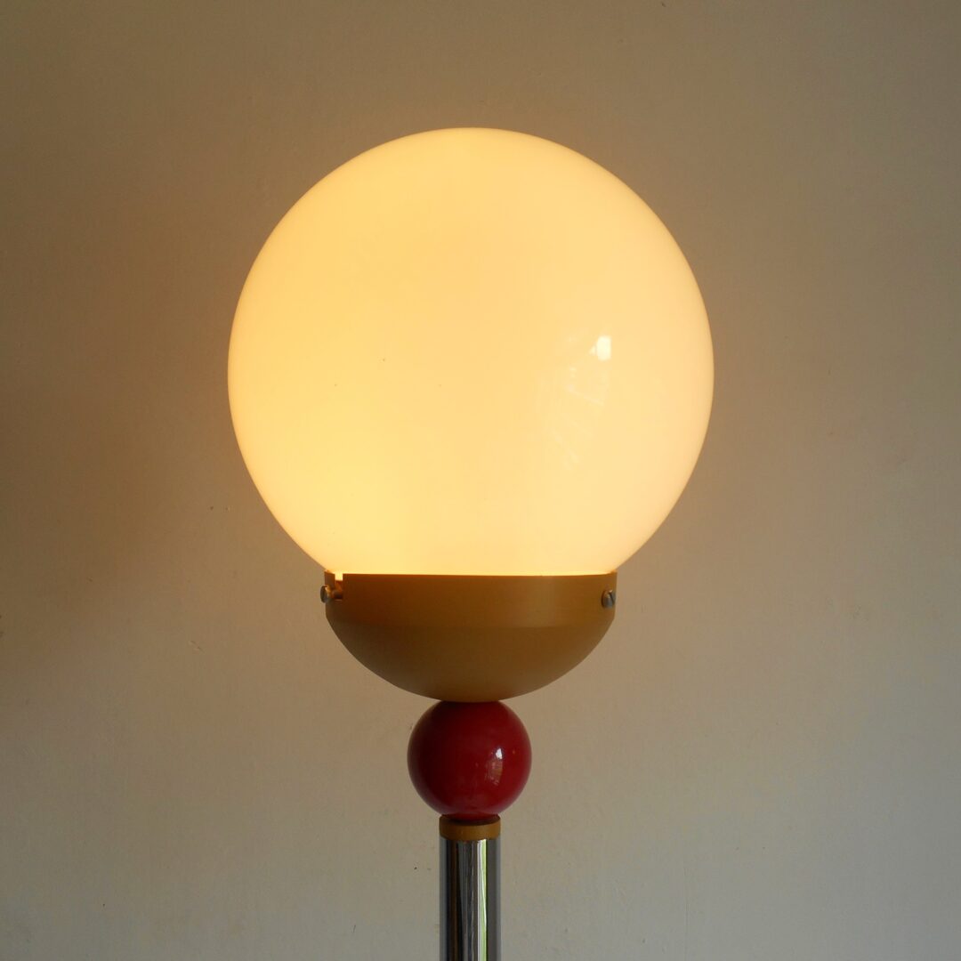 A floor lamp with mustard and red retro character by Fiona Bradshaw Designs