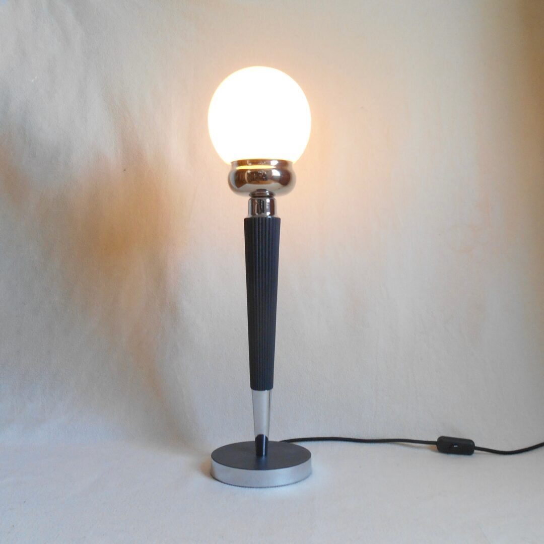 Art Deco style monochrome table lamp with a tall stem by Fiona Bradshaw Designs