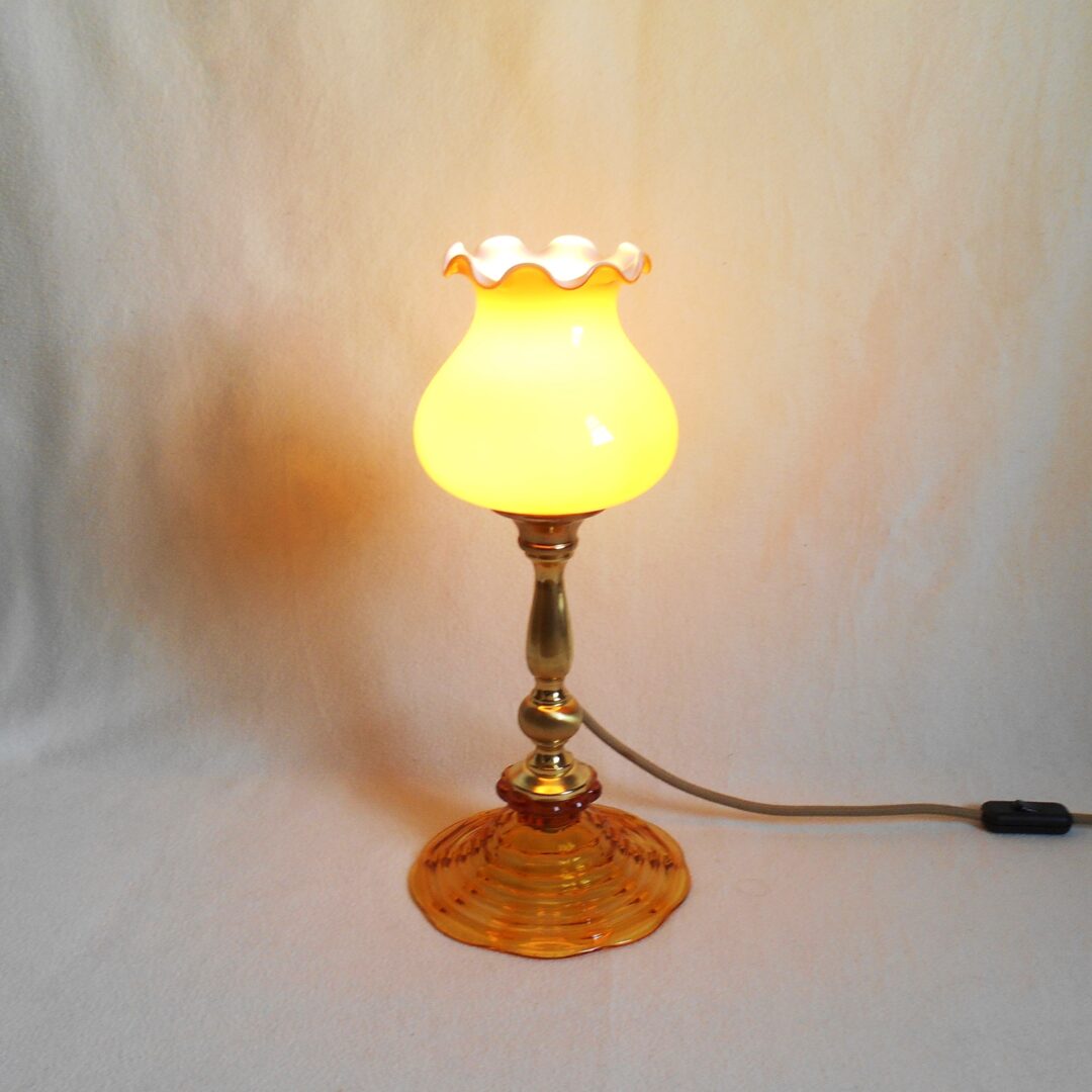 Amber glass and brass unique table lamp by Fiona Bradshaw Designs