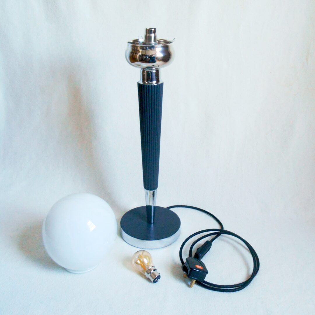 Art Deco style monochrome table lamp with a tall stem by Fiona Bradshaw Designs