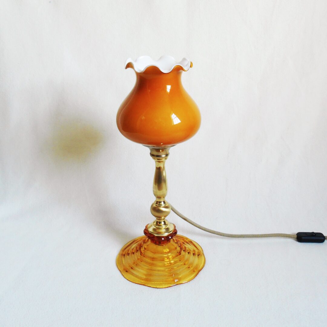 Amber glass and brass unique table lamp by Fiona Bradshaw Designs