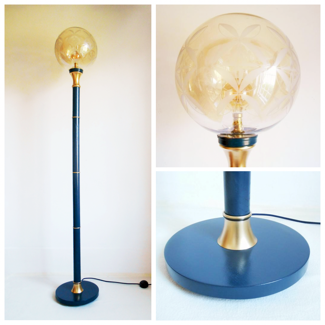 A bespoke gold and navy floor lamp with a vintage glass globe shade by Fiona Bradshaw Designs