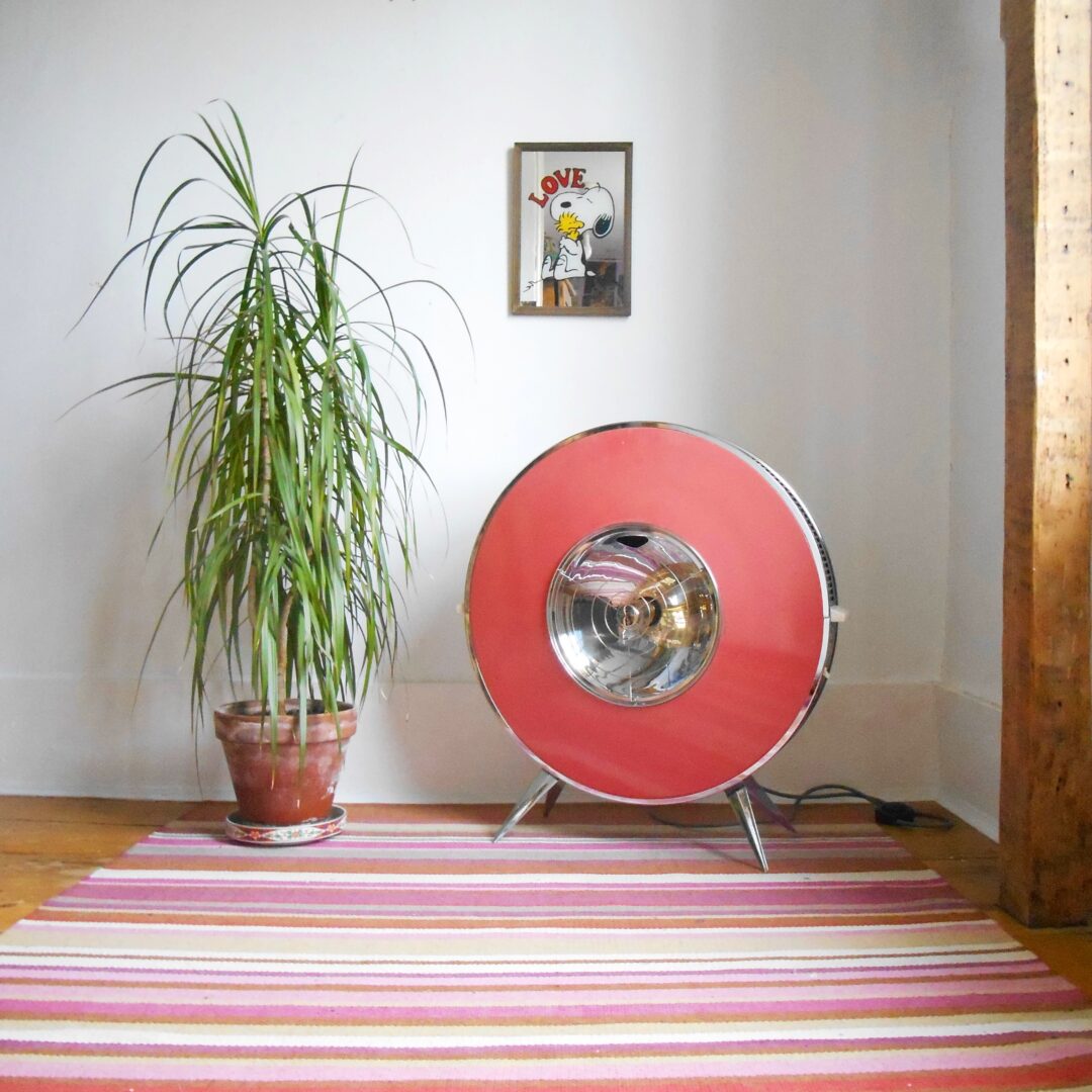 A cool Sofono Spacemaster heater repurposed into a retro floor lamp by Fiona Bradshaw Designs