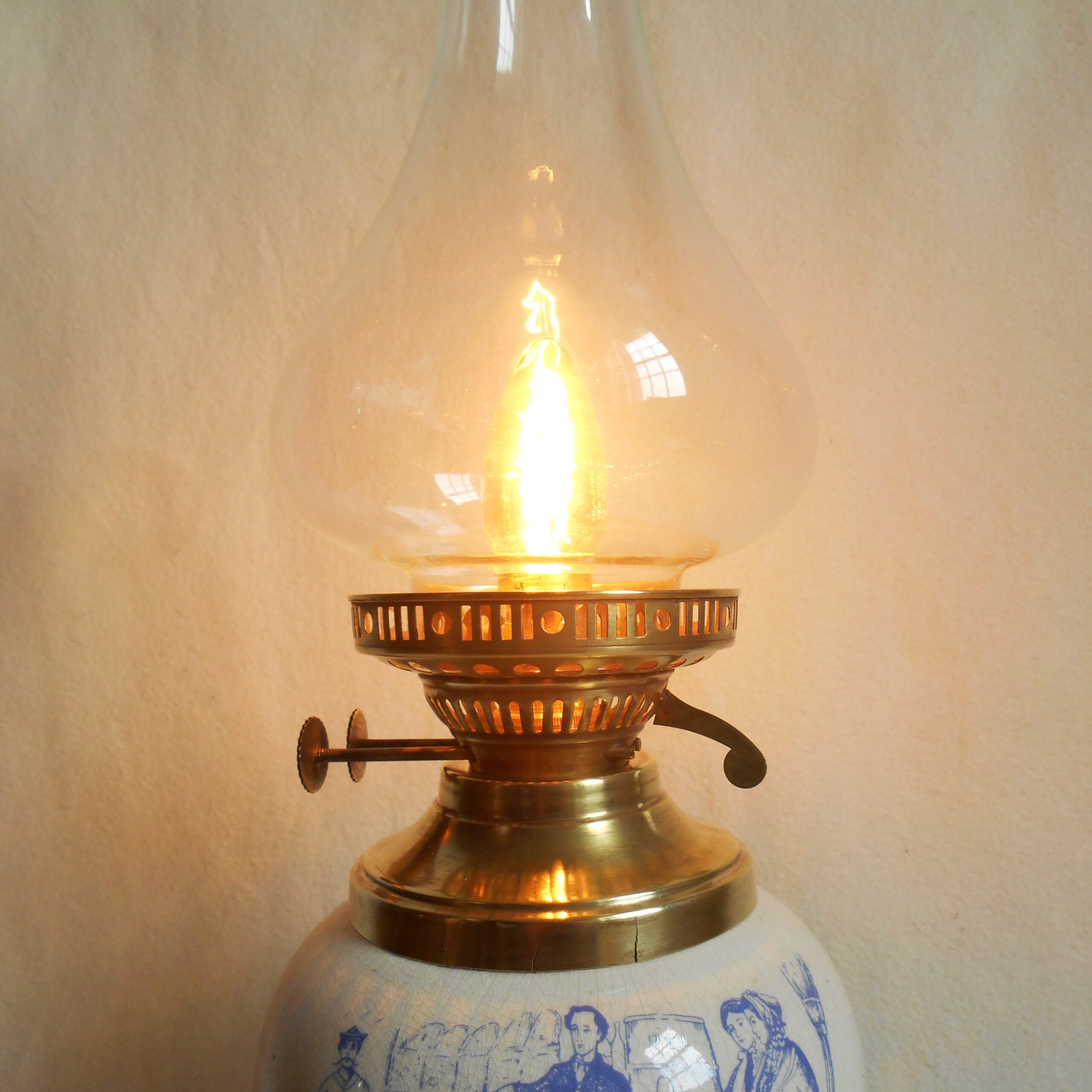 Antique Brass Oil Lamp Converted to Electric with Glass Shade