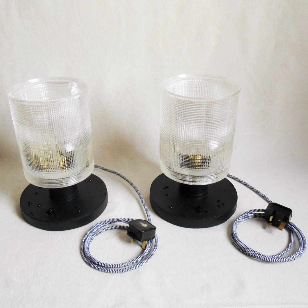 A pair of industrial Holophane table lamps by Fiona Bradshaw Designs